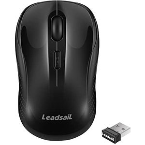 LeadsaiL Draadloze muis, 2,4 G, draadloos, stil, met USB-ontvanger, 1600 dpi, optische tracking, 4 toetsen, voor links- en rechtshandigen, compatibel met pc, Mac, laptop, Windows - zwart