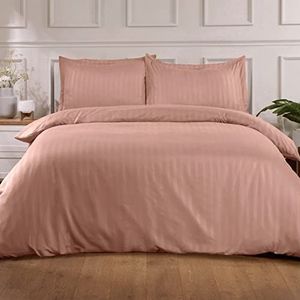 Dreamscene Mooie satijnen streep quilt dekbedovertrek met kussensloop beddengoed set, polyester, roze, bedden