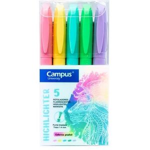 Campus Markeerstiften pastel, marker met afgeschuinde punt, verpakking met 5 highlighter pennen in pastelkleuren, markeerstift op waterbasis (verpakking van 5 pastelkleuren)