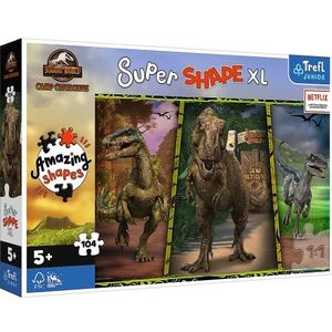 Trefl Junior - Jurassic World: Kamp Krijtastisch, Kleurrijke Dinosaurussen - Puzzle 104 XL Super Shape - Gekke Vorm Puzzels, Grote Stukjes, Leuk voor Kinderen Vanaf 5 jaar