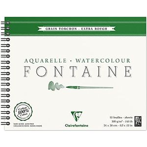 Clairefontaine 96321C schilderblok, met dubbele spiraal aquarelpapier, grofkorrel-orchon, fontaine/haders, 24 x 30 cm, 12 vellen, verpakking van 300 g, wit
