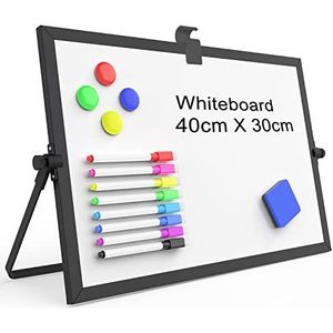 OWill Zwart droog uitwisbaar whiteboard, 30 x 40 cm mini magnetisch desktop-whiteboard met standaard, klein A3 magnetisch whiteboard en draagbare dubbelzijdige whiteboard-ezel voor tekenen op school