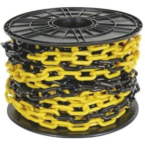 Perel Afzetketting, op rol, voor het afbakenen van gevarenzones en beperken van toegang, binnen- en buitengebruik, kunststof, zwart/geel, 25 m, 8 mm