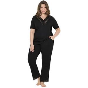 Ulla Popken Dames grote maten plus size pyjama, kant, V-hals, halflange mouwen, zakken, zwart, 62-64