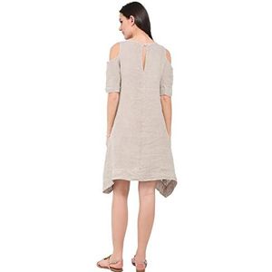 Bonateks Damesjurk, 100% linnen, gemaakt in Italië, vloeiende Mi-Lange jurk met ronde hals en zakken, wit, maat: L, Wit, L