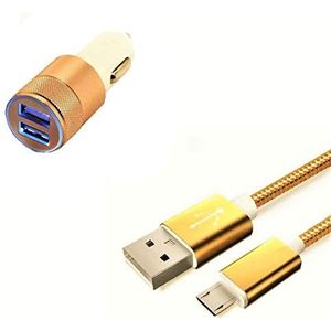 Autolader voor Wiko Y60 Smartphone Micro-USB-kabel nylon + dubbele adapter voor sigarettenaansteker (goudkleurig)