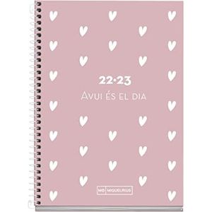 MIQUELRIUS - Kalender september 2022 juni 2023 - dagpagina - actieve grootte 11,7 x 17,4 cm - tweetalige catalan, Engels - School - Roze harten