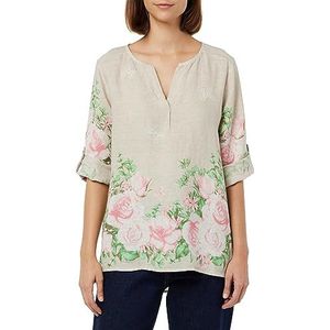 Bonateks, Tunesische Kraagtop met Bloemenprint en Lange Opsteekbare Mouwen, 100% Linnen, De-Maat: 36, Amerikaanse Maat: M, Tops, Woestijn - Gemaakt in Italië, beige, 36