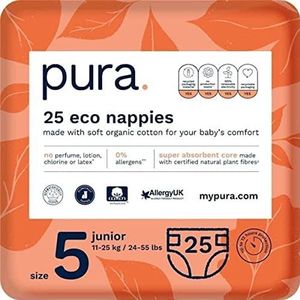Pura Premium Eco Babyluiers Maat 5 (Junior 11-25kg / 24-55 lbs) 1 pak van 25 luiers, 125 luiers, peuter, EU Ecolabel gecertificeerd, gemaakt van biologisch katoen, tot 12 uur lekbescherming