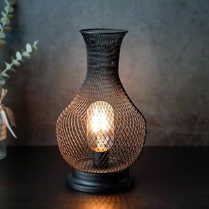 TRIROCKS Metalen batterij aangedreven lamp 26 cm hoge vaasvorm mesh draadloze decoratieve lamp met LED Edison lamp voor woonkamer hoek tafelblad binnen (zwart)