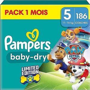 Pampers Baby-Dry Paw Patrol Edition maat 5, 186 luiers, 11 kg - 16 kg, maandelijks pakket, met een stop & Protect zak om lekken aan de achterkant te voorkomen