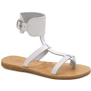 Wit 41 Emmanuela Antieke Griekse handgemaakte lederen sandalen met enkelriemen, sandalen met flotscuts en verstelbare gesp, riem sandalen met open tenen
