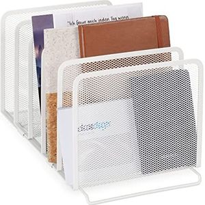 Relaxdays brievenhouder, 5 vakken, metaal, mesh design, staand postbakje, brievenbak, HxBxD: 19 x 20,5 x 37,5 cm, wit