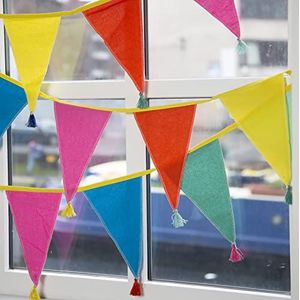 Stoffen vlaggenslinger met kwastjes - 3m | Driehoek vlag wimpel Garland, 100% katoen, Home decor voor kinderkamer, kinderkamer accessoires, Indoor Outdoor verjaardagsfeestje decoraties