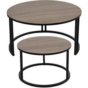DRW Set van 2 ronde salontafels van hout en metaal, in zwart en natuur, 80 x 43 cm en 60 x 38 cm