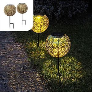 Gadgy Solar Tuinpad Verlichting Buiten | Set van 2 | Led Terras- en Tuinverlichting op Zonne-energie | Tuinprikker Goud Metaal