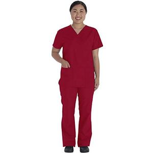 VT Unisex slip shirt & slip broek set, kasack met V-hals en 2 zakken, broek met zak (rood, L)