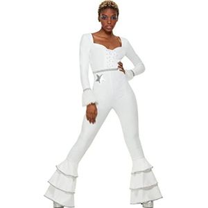 70s Deluxe Glam Costume, White, Ruffled Jumpsuit (S)