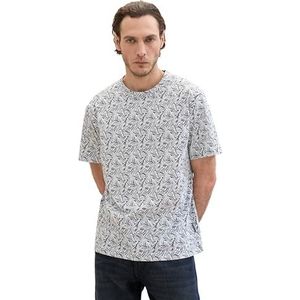 TOM TAILOR Basic T-shirt voor heren met all-over print, 35602 - Navy White Wavy Leaf Design, XL