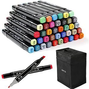 Zekkai 40 kleuren zwarte dubbele markeringen brede en fijne punt tip grafische marker pen, architectuurontwerp voor tekenen kleurmarkering markering en onderstrepen marker pen & draagtas