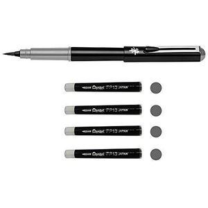 Pentel GFKPN Pocket Brush Pigmentpenseelstift voor kalligrafie, schetsen, tekeningen, grijs + 4 patronen