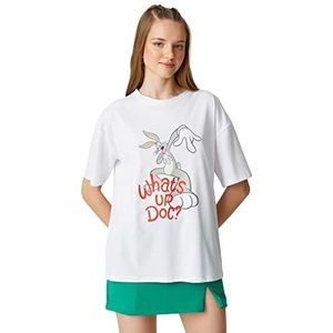 Koton Dames T-shirt met korte mouwen en ronde hals Bugs Bunny Bedrukt Gelicentieerd T-shirt, ecru (010), XL
