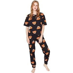 Trendyol Anthracite Teddy Bear Printed gebreide pyjama's voor dames, Antraciet., XL