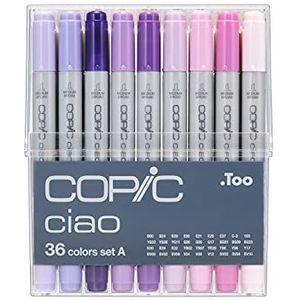 COPIC Ciao Marker Set A met 36 kleuren, all-round layout marker, op alcoholbasis, in praktische acryl display voor opslag en gemakkelijke verwijdering.