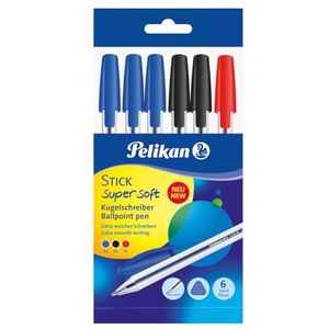 Pelikan - Stick Super Soft - Balpen - 6 stuks - gemengde kleuren - voor school en kantoor - schuifinkt - Made in Germany