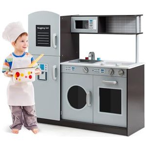 FANTASK Kinderkeuken van hout, speelkeuken met gootsteen en kraan, fornuis met klikgeluiden, oven en magnetron, speelgoedkeuken met tafel voor kinderen vanaf 3 jaar