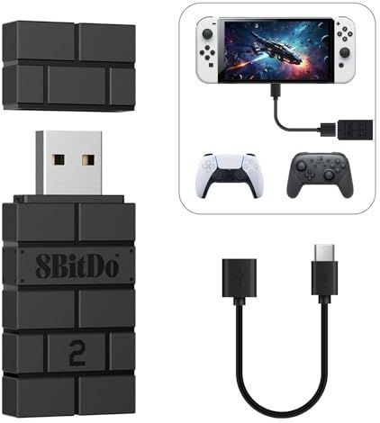 8Bitdo Wireless USB Adapter 2, Bluetooth Switch Controllers Adapter voor Xbox Series, Joycons, Switch Pro, PS5, PS4, PS4 Pro, PS3 op Switch, PC, Android, Raspberry Pi, Retrofreak (Zwart)