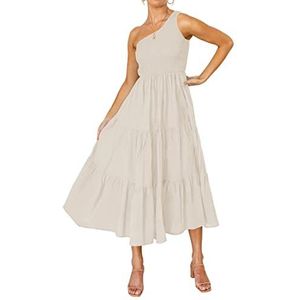 ZESICA Dames 2023 Boheemse zomer bloemenprint één schouder mouwloze gesmokte ruches gelaagde strand lange midi-jurk, Beige, S