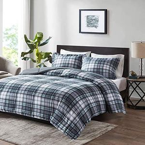 Madison Park Plaid Comforter, Bijpassende Sham, 3M Scotchguard vlekvrijgave Cover, Hypoallergeen All Season Beddengoedset, Microvezel, Grijs, Full/Queen