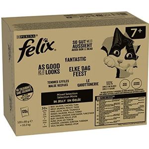 FELIX Zo goed als het eruit ziet, Senior kattenvoer nat in gelei, variëteitenmix, verpakking van 120 (120 x 85 g)