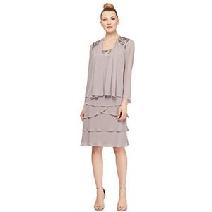 S.L. Fashions Women's Mother of The Bride Jacket Dress with Sequined Cut Out Shoulder (Petite and Regular Sizes), Dark Mortar, 16