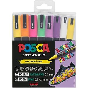 Faber-Castell uni-ball 186828 Posca Marker Set Sneaker Stift, 8-delige etui, dekkend op donkere oppervlakken