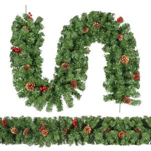Kerstslinger, Uten 2,7 m kerstslinger, met dennenappels en rode bessen, kunstmatige krans, slinger voor open haard, trap, deur, kerstboom, kerstdecoratie