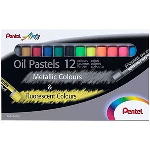 Pentel PHN-MF12 fluorescerend en metallic oliekrijt, set van 12, op kleur gesorteerd