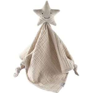 Babyknuffeldoek ster met geborduurd gezicht, snuffeldoek van mousseline met knoopdetails, troosterje voor jongens en meisjes