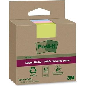 Post-it Super kleverige 100% gerecyclede notities, diverse kleuren, 76 mm x 76 mm, 70 vellen/pad, 3 pads/pack