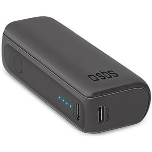 SBS Compacte powerbank, 5000 mAh, draagbare oplader, 10 W, snel opladen, oplader voor Android-smartphones en iPhones, vliegtuig, 1 USB-C-aansluiting en 1 USB-A, inclusief oplaadkabel