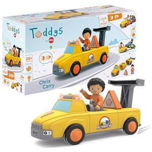 Toddys by siku 0123, Chris Carry, 3-delige speelgoedauto met licht en geluid, combineerbaar, incl. beweegbaar speelfiguur, hoogwaardige vliegwielmotor, geel/oranje, vanaf 12 maanden