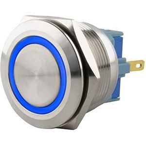 SeKi Roestvrijstalen drukschakelaar, Ø25 mm, vergrendelend, platte kop, gekleurde verlichte led-ring in blauw, soldeeroogjes, platte stekker, 0,5 x 2,8 aansluiting