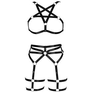 PETMHS Damesgordel Body Harnas Lingerie Volledige Caged Taille Jarretel Set Riem Bralette Punk Goth Halloween Club Party Dance Rave Wear, zwart 83+67, One size