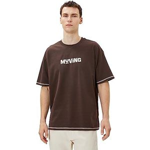 Koton Oversized T-shirt voor heren, slogan bedrukt, ronde hals, korte mouwen, bruin (545), M