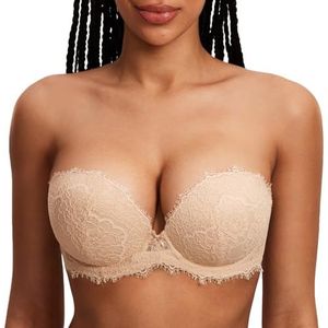 DOBREVA Vrouwen Strapless Push Up BH Kant Diepe Hals Wired BH Gewatteerd met Verwijderbare Riemen Beige 80A
