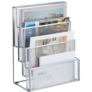 Relaxdays tijdschriftenrek staal, 4 vakken, brieven organizer bureau, H x B x D: ca. 43x33x18 cm, magazinehouder, zilver