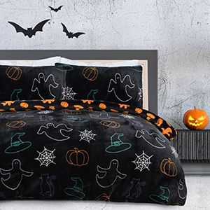 Sleepdown Halloween Spooky Ghost Zwart Oranje Flanel Fleece Omkeerbaar Dekbedovertrek Quilt Beddengoed Set met Kussenslopen Warm Zacht Gemakkelijk Onderhoud Beddengoed - King (230cm x 220cm),