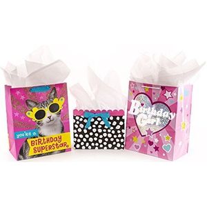 Hallmark Assortiment Verjaardagscadeau Bag Bundel voor Meisje met Weefselpapier - Roze Kat, Polka Dots, Hart (Pack van 3: 2 Grote 13"" en 1 Medium 7"")