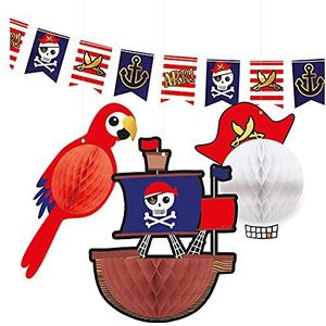 Amscan 9909918-4-delige decoratieset pirat, 1 vlaggenbanner en 3 honingraatdecoraties, hangende decoratie van papier, slinger, kinderverjaardag, themafeest